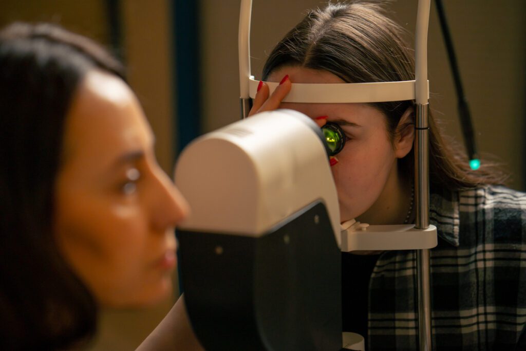 close up of a woman in an ophthalmology clinic getting an eye exam